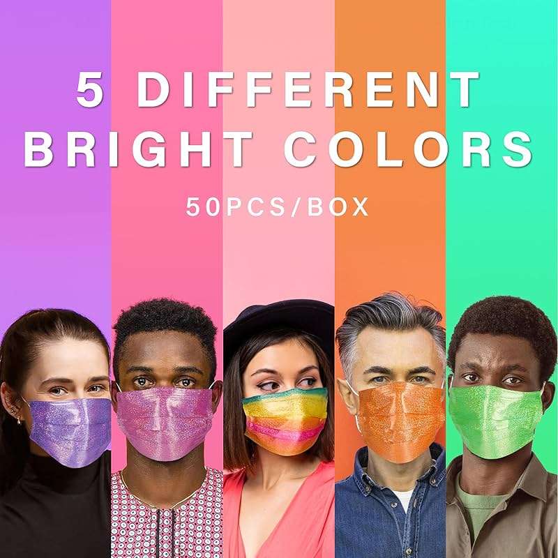 NiHealth 50PCS Stylish Disposable Face Masks for Adults - Breathable 3-Layer Non-Woven Fabric Coverings with Glamorous Glitter Sparkle Design (5 Iridescent Colors) - Image 3