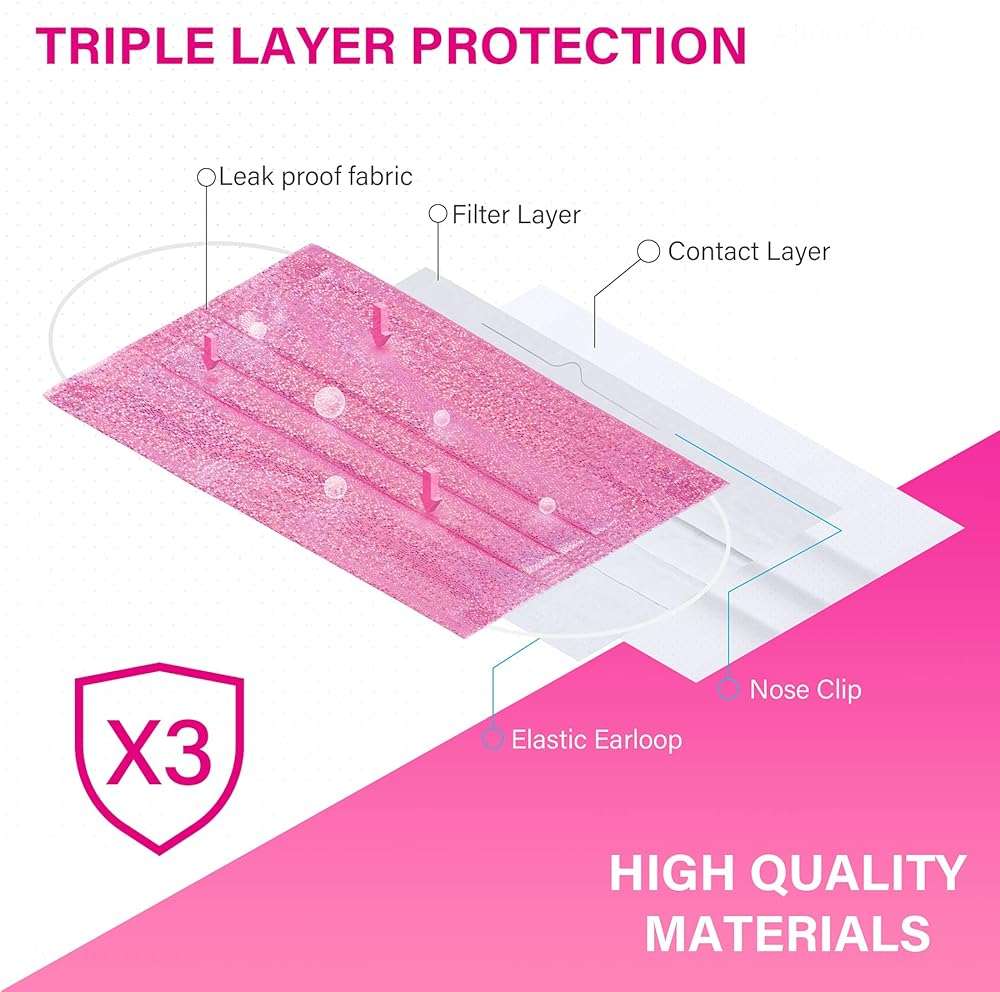 NiHealth 50PCS Stylish Disposable Face Masks for Adults - Breathable 3-Layer Non-Woven Fabric Coverings with Glamorous Glitter Sparkle Design (5 Iridescent Colors) - Image 5