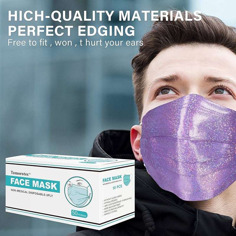NiHealth 50PCS Stylish Disposable Face Masks for Adults - Breathable 3-Layer Non-Woven Fabric Coverings with Glamorous Glitter Sparkle Design (5 Iridescent Colors) - Image 7