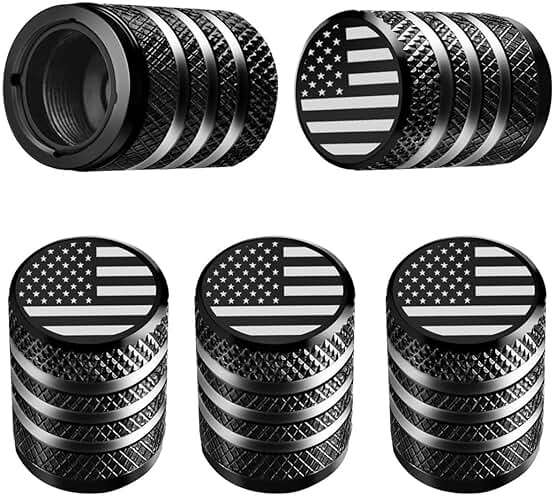 Tire Valve Stem Cap Cover - (5 Pack) Tire Air Cap Metal with Plastic Liner Corrosion Resistant Leak-Proof American Flag for Car Truck Motorcycle Bike Black - Image 1