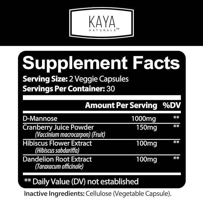 Kaya Naturals - D-Mannose - Urinary Tract UT Cleanse & Bladder Health - Made with Cranberry, Hibiscus & Dandelion Root - D Mannose Capsules Cranberry Supplement - 60 Veggie Capsules - Image 2