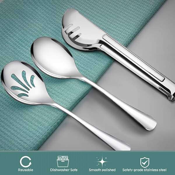 Stainless Steel Metal Serving Utensils - Large Serving sets-10" Spoons, 10" Slotted Spoons and 9" Tongs by Teivio (Silver, Set of 12) - Image 4