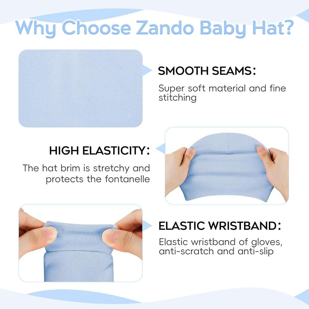 Zando Baby Hats and Mittens Newborn Hospital Hat Essentials Warm Knit Beanie Safety Anti-Scratch for Boys Girls 0-6M - Image 3