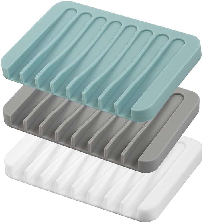 Self Draining Soap Dishes, 3 Pcs Silicone Soap Saver, Waterfall Drainer Soap Holder for Bathroom, Extend Soap Life, Keep Soap Bars Dry Clean & Easy Cleaning (White, Gray, Teal) - Image 1