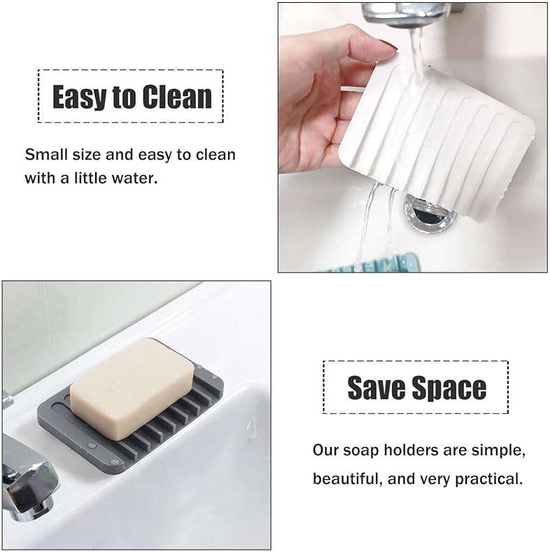 Self Draining Soap Dishes, 3 Pcs Silicone Soap Saver, Waterfall Drainer Soap Holder for Bathroom, Extend Soap Life, Keep Soap Bars Dry Clean & Easy Cleaning (White, Gray, Teal) - Image 3
