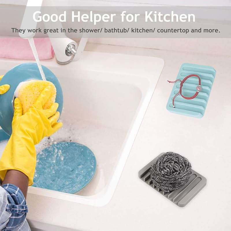 Self Draining Soap Dishes, 3 Pcs Silicone Soap Saver, Waterfall Drainer Soap Holder for Bathroom, Extend Soap Life, Keep Soap Bars Dry Clean & Easy Cleaning (White, Gray, Teal) - Image 5