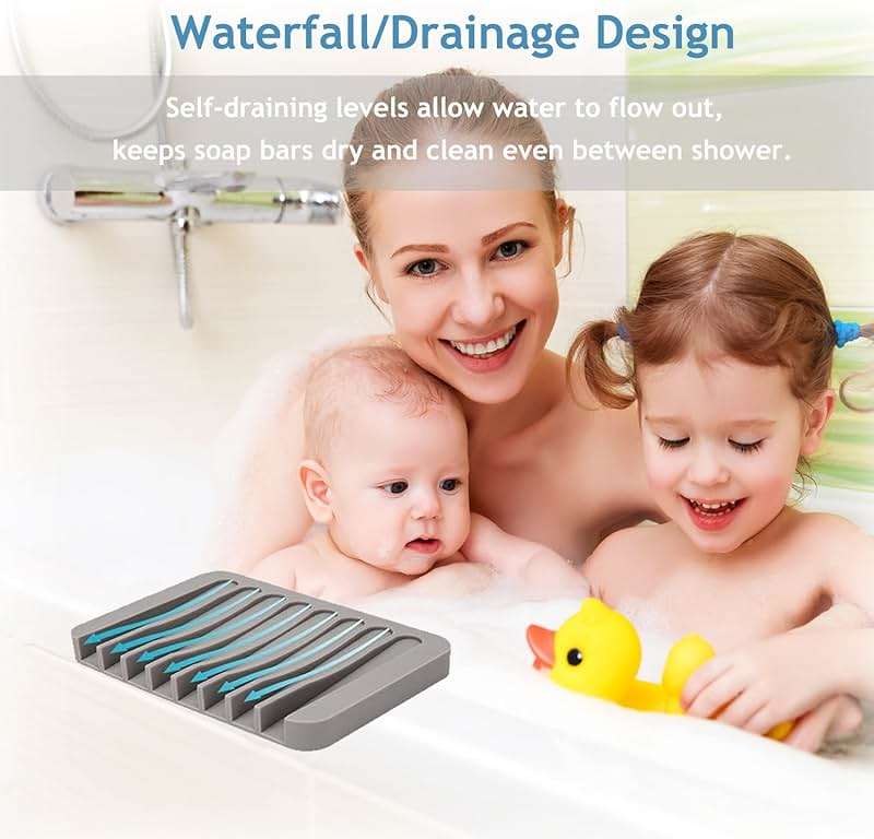 Self Draining Soap Dishes, 3 Pcs Silicone Soap Saver, Waterfall Drainer Soap Holder for Bathroom, Extend Soap Life, Keep Soap Bars Dry Clean & Easy Cleaning (White, Gray, Teal) - Image 6