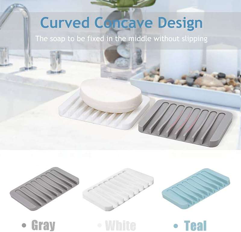 Self Draining Soap Dishes, 3 Pcs Silicone Soap Saver, Waterfall Drainer Soap Holder for Bathroom, Extend Soap Life, Keep Soap Bars Dry Clean & Easy Cleaning (White, Gray, Teal) - Image 7