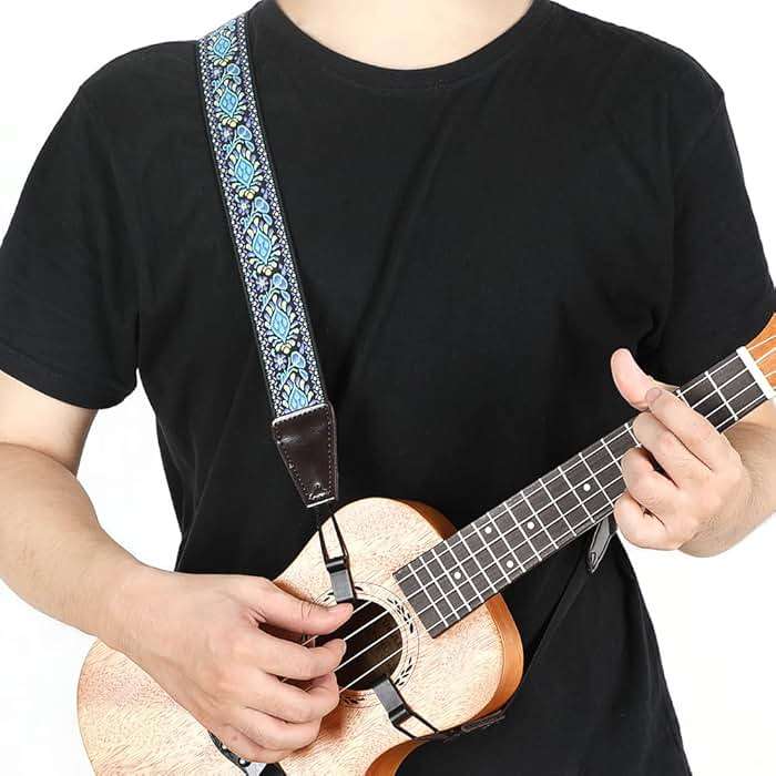 Eyeshot Ukulele Strap No Drill, Adjustable Double J Hook Clip on Uke Shoulder Strap, Hawaiian Jacquard Blue Flower Hands Free Ukelele Strap, Easy to Use and Fit Most Standard Uke Sizes - Image 2