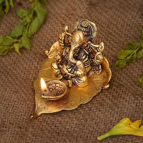 NOBILITY Ganesha on Leaf Statue Gold Ganesh Idol with Diya for Home Office Pooja Puja Diwali Decorative Wedding Return Gift Items 10 Pcs - Image 2