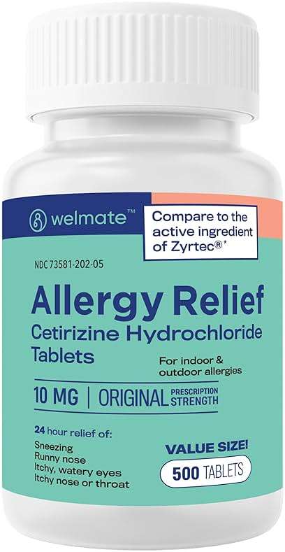 WELMATE - Allergy Relief (500 Tablets) Cetirizine Hydrochloride 10mg - 24 Hours - Non Drowsy - Indoor & Outdoor Allergy Medicine - Antihistamine - Nose, Eyes & Throat - Over-the-Counter Medication - Image 1