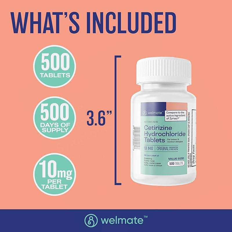 WELMATE - Allergy Relief (500 Tablets) Cetirizine Hydrochloride 10mg - 24 Hours - Non Drowsy - Indoor & Outdoor Allergy Medicine - Antihistamine - Nose, Eyes & Throat - Over-the-Counter Medication - Image 6