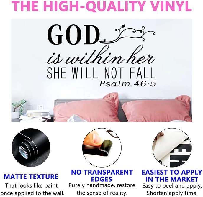 SEATUNE Wall Decals for Women, Wall Decals for Bedroom, God Quotes Bible Verse Christian Religious Prayer Jesus Faith Positive Vinyl Art Decor Home Stickers God is Within Her She Will Not Fall 21"X12" - Image 3