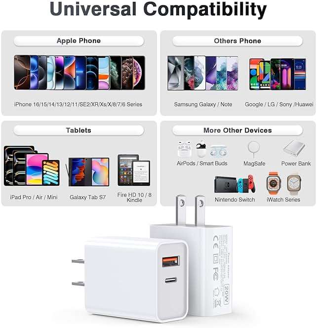 LCGENS USB C Wall Charger Block 20W, 2-Pack Dual Port PD Power Delivery Fast Type C Charging Block Plug Compatible with iPhone 11/12/13/14/15/16/17 Pro Max, XS/XR/X, Ipad Pro, Samsung Galaxy - Image 3