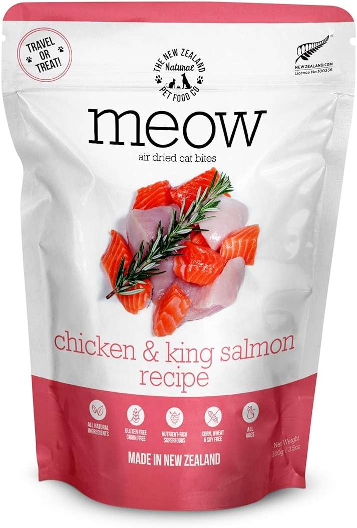 The New Zealand Natural Pet Food Co. Meow e - Chicken & King Salmon Recipe, Dry Cat Food Use as a Complete Diet, Topper, Mixer, or as Cat Training Treats, All Life Stages, 3.5 oz - Image 1