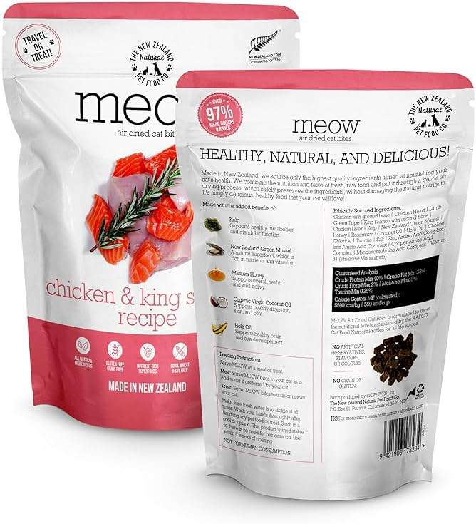 The New Zealand Natural Pet Food Co. Meow e - Chicken & King Salmon Recipe, Dry Cat Food Use as a Complete Diet, Topper, Mixer, or as Cat Training Treats, All Life Stages, 3.5 oz - Image 2