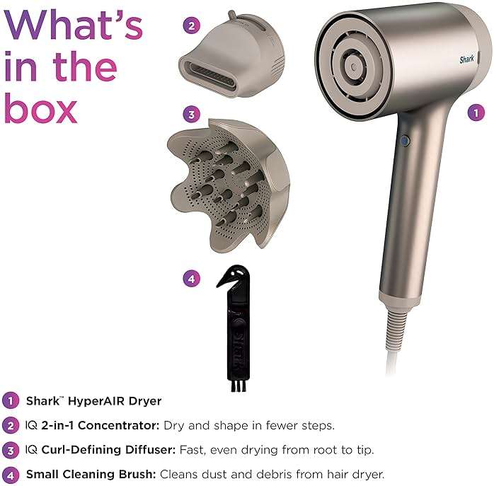 Shark HD113BRN Hair Blow Dryer HyperAIR Fast-Drying with IQ 2-in-1 Concentrator and Curl-Defining Diffuser Attachments, Auto Presets, Ionic, Styling Tools, No Heat Damage, Extendable Prongs, Stone - Image 10