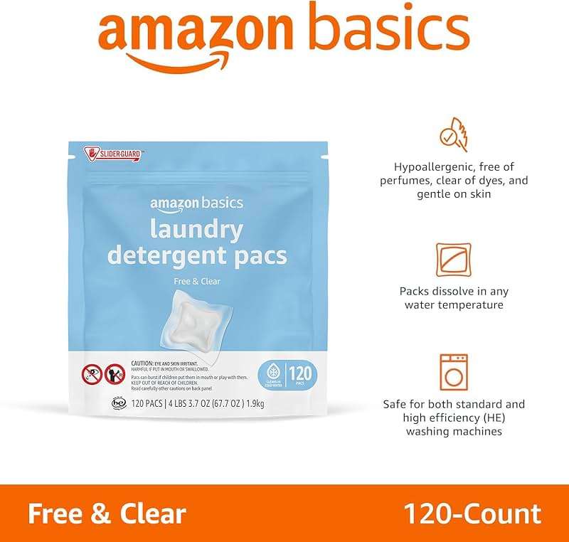Amazon Basics Laundry Detergent Pacs, Free & Clear, Hypoallergenic, Fragrance Free, HE Compatible, Easy to Use, 120 Count (New Packaging) - Image 8