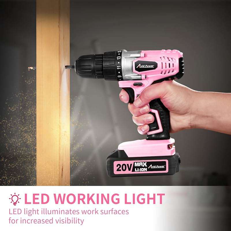 AVID POWER 20V Cordless Drill Set for Home DIY & Beginner Projects - Lightweight Power Drill with Battery Charger & 22 Bits, Variable Speed, 3/8" Keyless Chuck, Ideal for Furniture Assembly (Pink) - Image 2