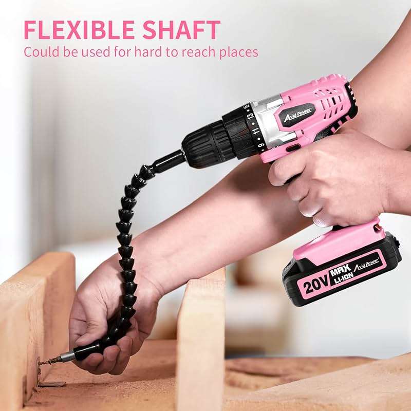 AVID POWER 20V Cordless Drill Set for Home DIY & Beginner Projects - Lightweight Power Drill with Battery Charger & 22 Bits, Variable Speed, 3/8" Keyless Chuck, Ideal for Furniture Assembly (Pink) - Image 5