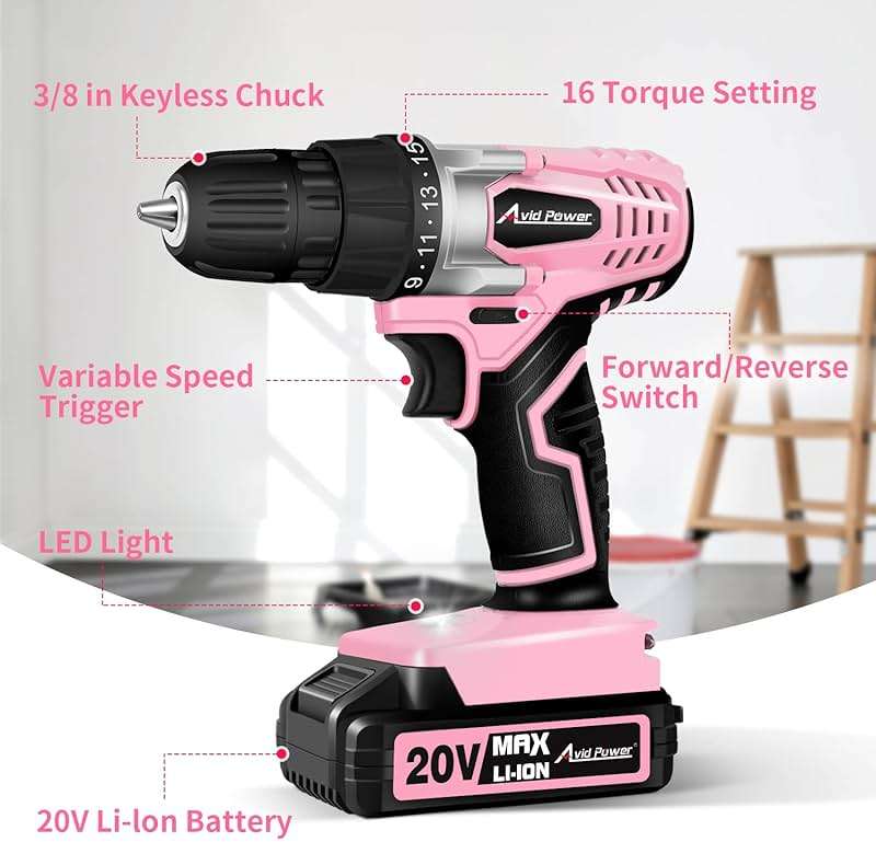 AVID POWER 20V Cordless Drill Set for Home DIY & Beginner Projects - Lightweight Power Drill with Battery Charger & 22 Bits, Variable Speed, 3/8" Keyless Chuck, Ideal for Furniture Assembly (Pink) - Image 6