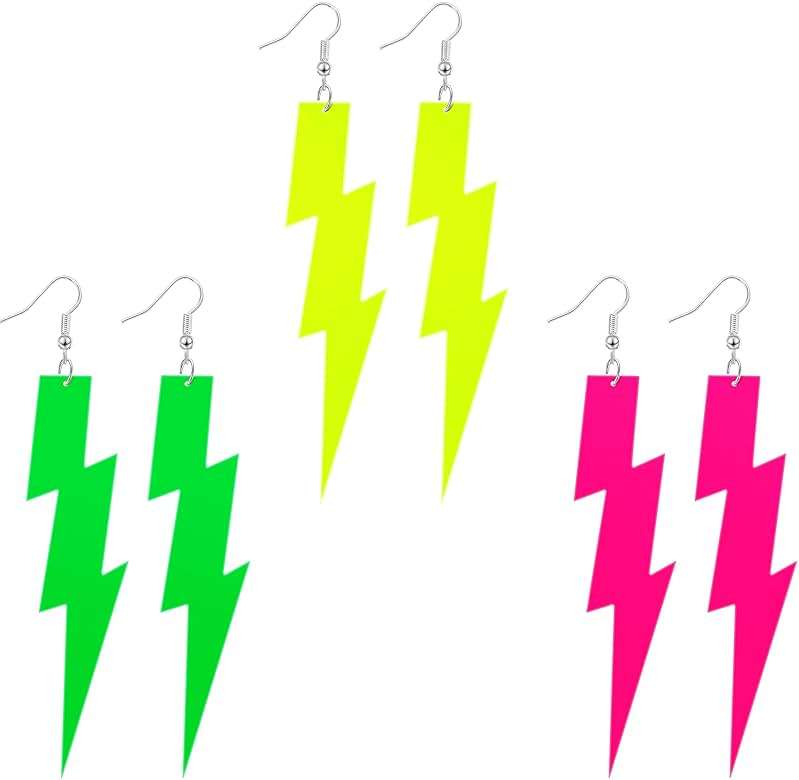 Hicarer 3 Pair 80s 90s Neon Earrings Lightning Earrings for Women Fluorescent Jewelry Accessories Acrylic Drop for Glow Women 80s Theme Party Outfit, 4.13 Inch - Image 1