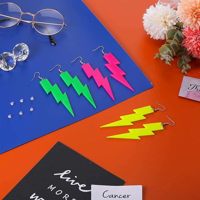 Hicarer 3 Pair 80s 90s Neon Earrings Lightning Earrings for Women Fluorescent Jewelry Accessories Acrylic Drop for Glow Women 80s Theme Party Outfit, 4.13 Inch - Image 4