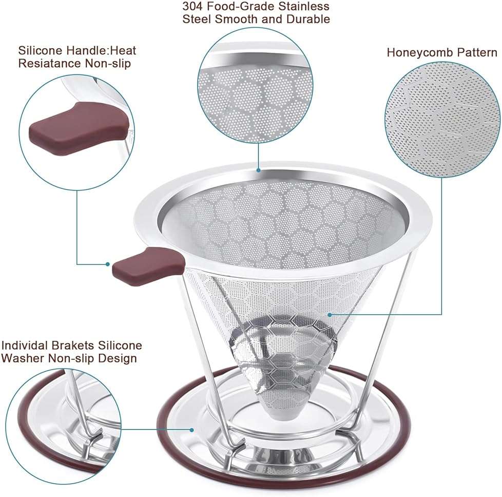 Pour Over Coffee Dripper, MISETTO Stainless Steel Filter,Easy to Clean Paperless pour over coffee maker,Reusable Filter,Cone Dripper with Removable Cup - Image 4