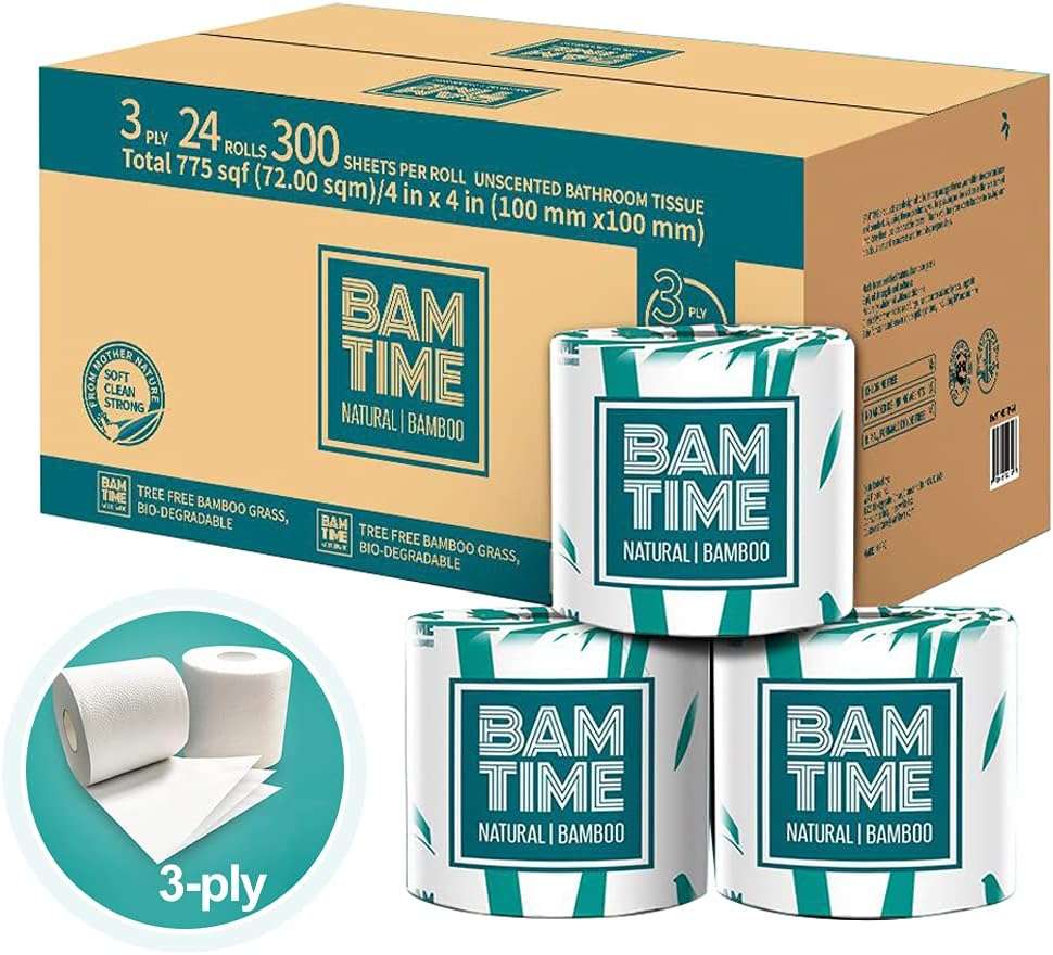 Toilet Paper, 100% 3ply Bamboo Toilet Paper, 24 Rolls, 300 sheets, 7200 Count, pack of 24, plastic free, Tree free, Biodegradable - Image 1
