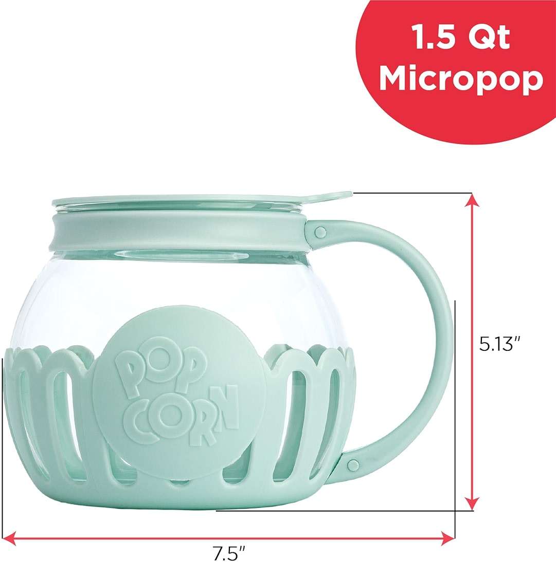 Ecolution Patented Micro-Pop Microwave Popcorn Popper with Temperature Safe Glass, 3-in-1 Lid Measures Kernels and Melts Butter, Made Without BPA, Dishwasher Safe, 1.5-Quart, Aqua - Image 2