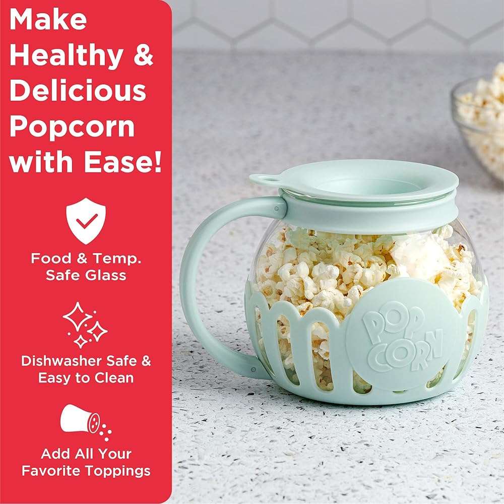 Ecolution Patented Micro-Pop Microwave Popcorn Popper with Temperature Safe Glass, 3-in-1 Lid Measures Kernels and Melts Butter, Made Without BPA, Dishwasher Safe, 1.5-Quart, Aqua - Image 3