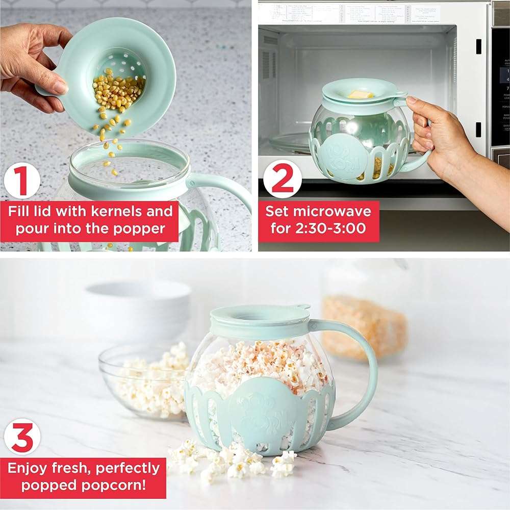 Ecolution Patented Micro-Pop Microwave Popcorn Popper with Temperature Safe Glass, 3-in-1 Lid Measures Kernels and Melts Butter, Made Without BPA, Dishwasher Safe, 1.5-Quart, Aqua - Image 4
