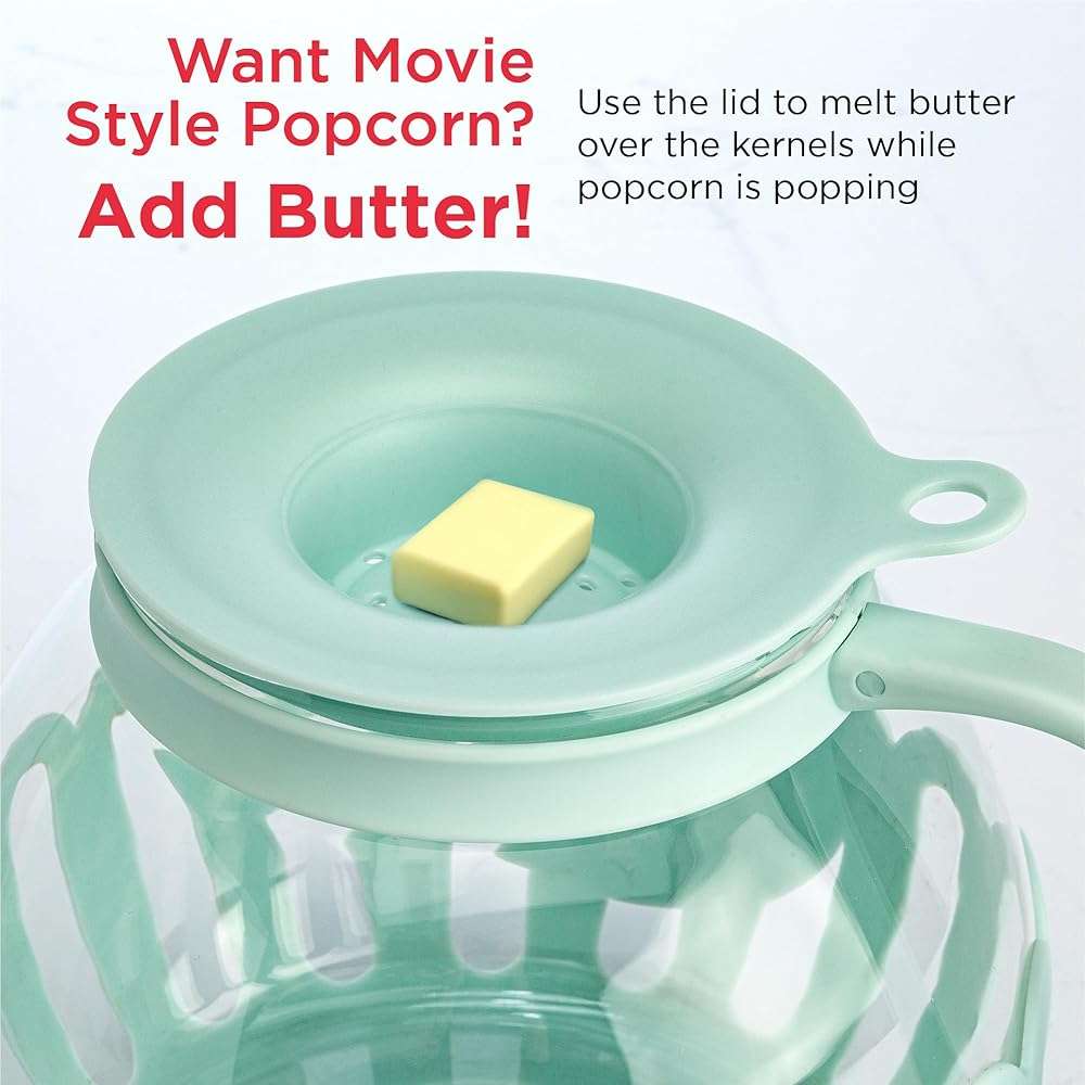 Ecolution Patented Micro-Pop Microwave Popcorn Popper with Temperature Safe Glass, 3-in-1 Lid Measures Kernels and Melts Butter, Made Without BPA, Dishwasher Safe, 1.5-Quart, Aqua - Image 6