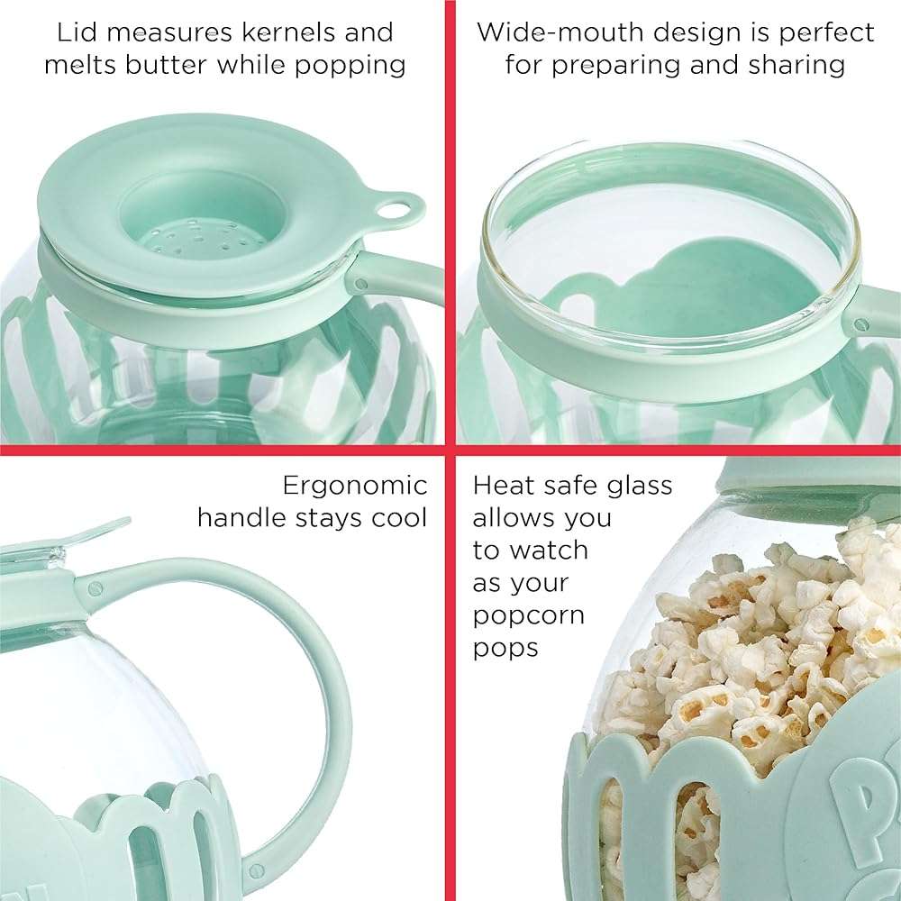 Ecolution Patented Micro-Pop Microwave Popcorn Popper with Temperature Safe Glass, 3-in-1 Lid Measures Kernels and Melts Butter, Made Without BPA, Dishwasher Safe, 1.5-Quart, Aqua - Image 7