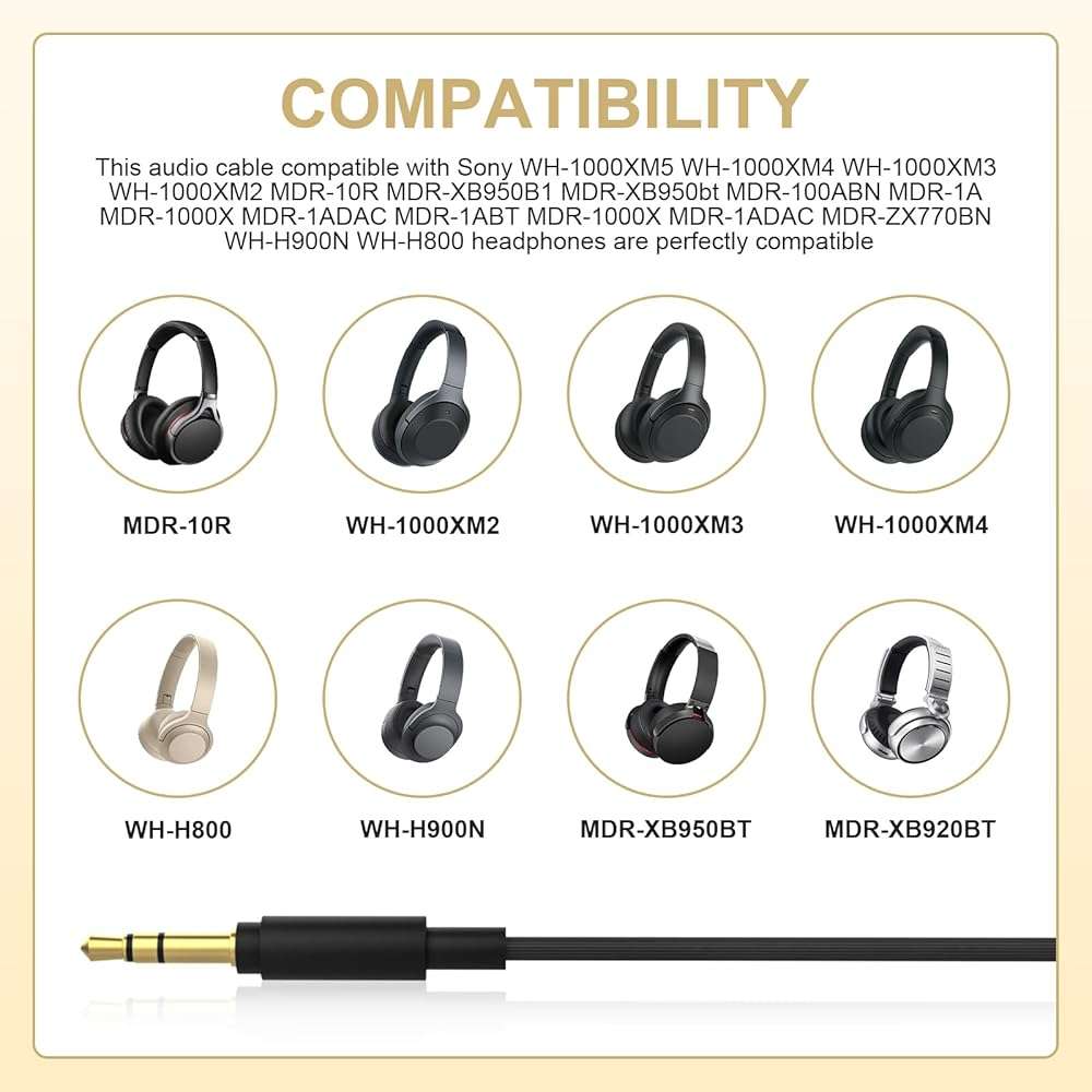 WH-1000XM4 Cable Compatible with Sony WH-1000XM6 WH-1000XM5 WH-1000XM4 WH-1000XM3 WH-1000XM2 WH-CH720N WH-XB910N WH-H900N MDR-1A MDR-M1 MDR-MV1 MDR-XB950B1 MDR-XB950BT MDR-XB950N1 Headphones, 4ft - Image 2
