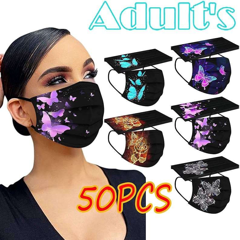 50 Pack Disposable Face Mask for Adult With Designs Cute Butterfly Printed Paper Masks Full Face Cover Protections - Image 2