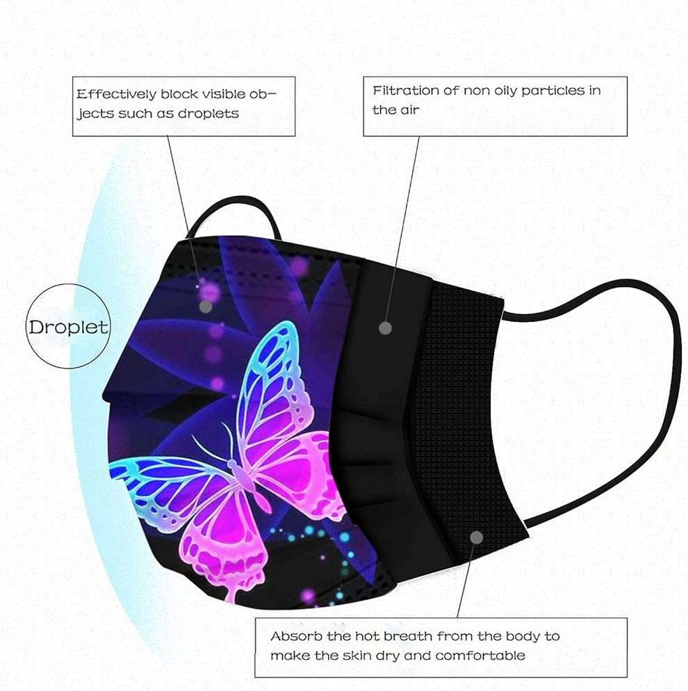 50 Pack Disposable Face Mask for Adult With Designs Cute Butterfly Printed Paper Masks Full Face Cover Protections - Image 5