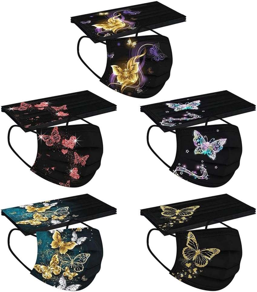 50 PCs Butterfly Disposable Face_Mask for Women,3 Ply Adults Black Butterfly_Mask With Floral Design Fashion Facemask Women Men - Image 1