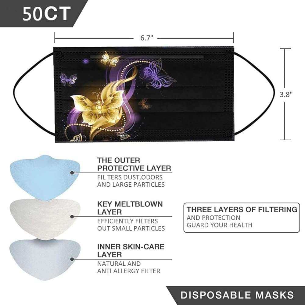 50 PCs Butterfly Disposable Face_Mask for Women,3 Ply Adults Black Butterfly_Mask With Floral Design Fashion Facemask Women Men - Image 2