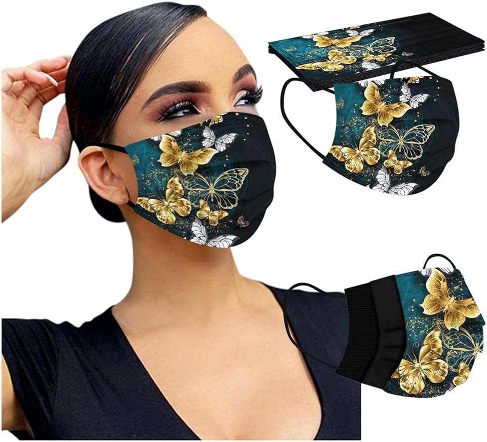 50 PCs Butterfly Disposable Face_Mask for Women,3 Ply Adults Black Butterfly_Mask With Floral Design Fashion Facemask Women Men - Image 3