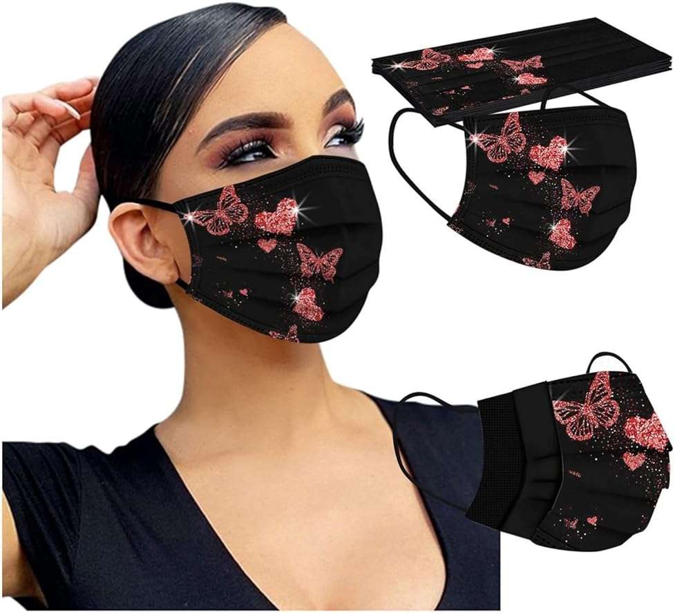 50 PCs Butterfly Disposable Face_Mask for Women,3 Ply Adults Black Butterfly_Mask With Floral Design Fashion Facemask Women Men - Image 4