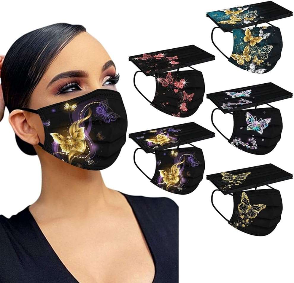 50 PCs Butterfly Disposable Face_Mask for Women,3 Ply Adults Black Butterfly_Mask With Floral Design Fashion Facemask Women Men - Image 7