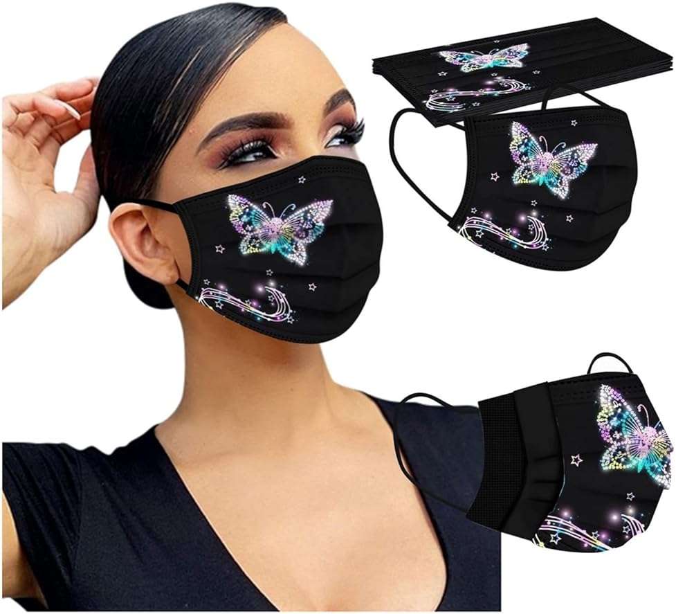 50 PCs Butterfly Disposable Face_Mask for Women,3 Ply Adults Black Butterfly_Mask With Floral Design Fashion Facemask Women Men - Image 9