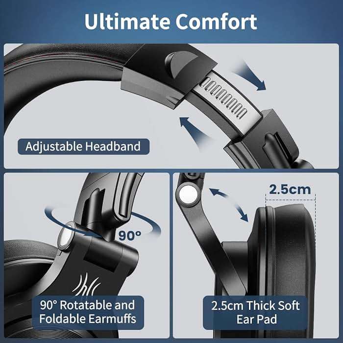 OneOdio A71 Hi-Res Studio Recording Headphones - Wired Over Ear Headphones with SharePort, Monitoring Mixing Foldable Headset with Stereo Sound, 3.5/6.35MM Jack for PC Computer DJ Guitar-Black - Image 7