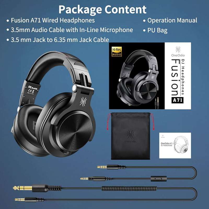 OneOdio A71 Hi-Res Studio Recording Headphones - Wired Over Ear Headphones with SharePort, Monitoring Mixing Foldable Headset with Stereo Sound, 3.5/6.35MM Jack for PC Computer DJ Guitar-Black - Image 8