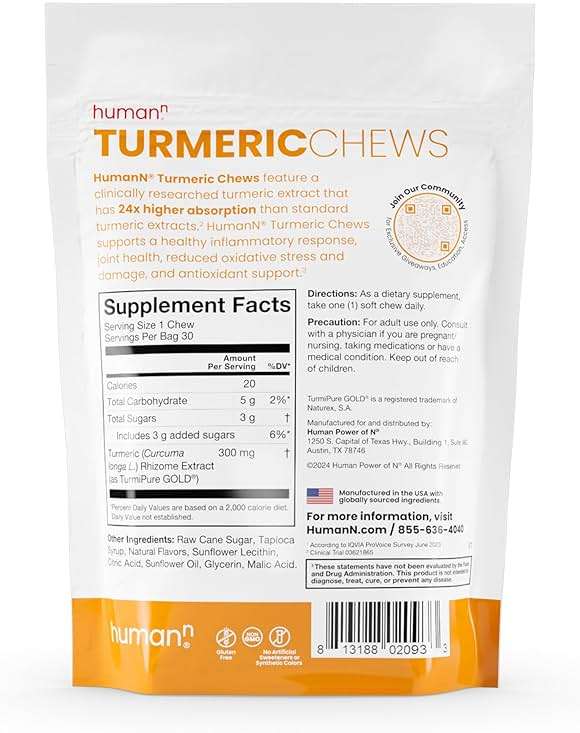 HumanN Turmeric Chews Supplement – Clinically Studied High Absorption Curcumin Complex - Orange Citrus Flavor – from SuperBeets Makers – Joint Health – 30 Count - Image 6