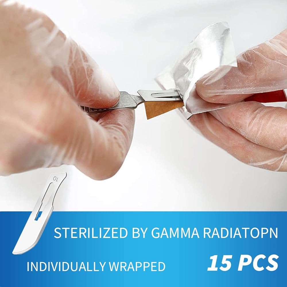 15 Pack Surgical Blades #10 with Stainless Steel Scalpel Handle, High Carbon Steel Dermablade Blades Individually Wrapped Sterile for Dermaplaining, Podiatry, Crafts & More - Image 2