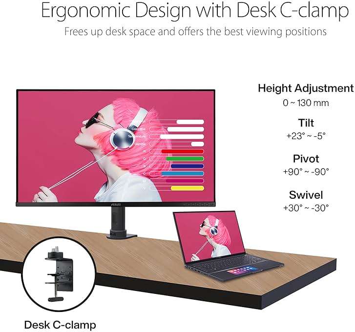 ASUS ProArt Display 32” 4K HDR Monitor (PA329CV) - UHD (3840 x 2160), IPS, 100% sRGB/Rec.709, ΔE < 2, Calman Verified, USB-C Power Delivery, DisplayPort, HDMI, USB 3.1 Hub, C-clamp, Height Adjustable - Image 3