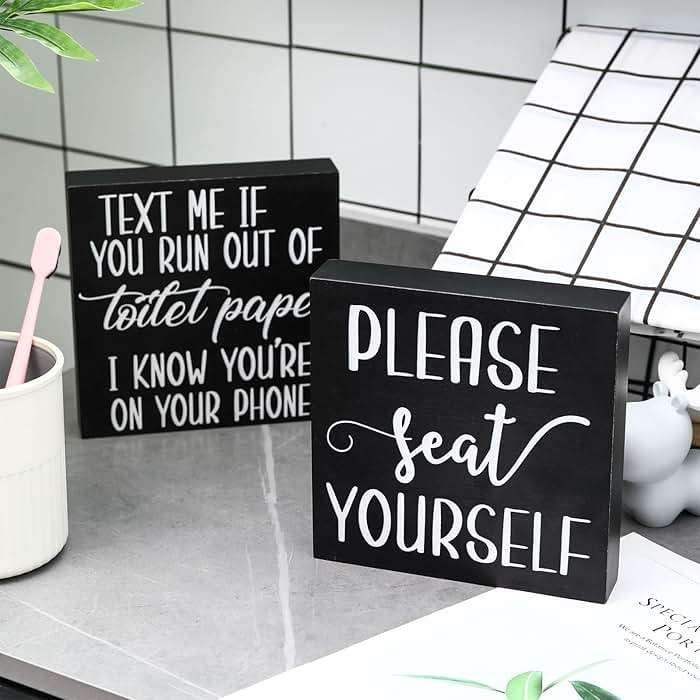 Jetec Set of 2 Farmhouse Bathroom Signs Decor Funny Rustic Wood Plaque Bathroom Wall Art Please Seat Yourself Wooden Toilet Signs for Home Restroom Shelves(Black) - Image 2
