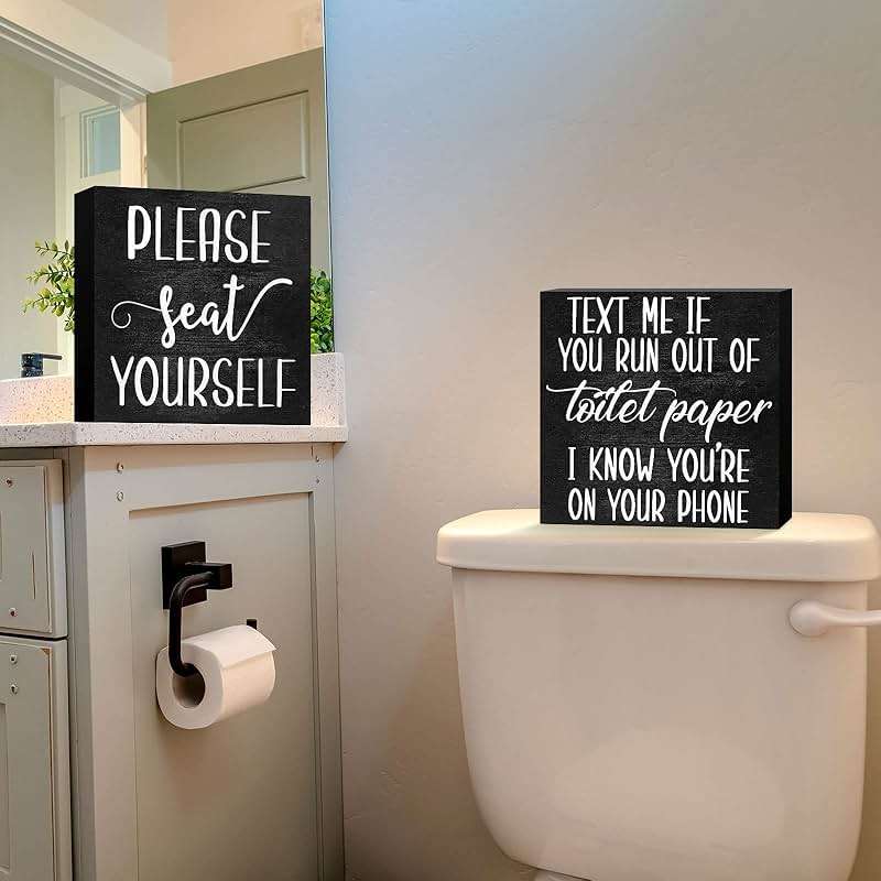 Jetec Set of 2 Farmhouse Bathroom Signs Decor Funny Rustic Wood Plaque Bathroom Wall Art Please Seat Yourself Wooden Toilet Signs for Home Restroom Shelves(Black) - Image 4